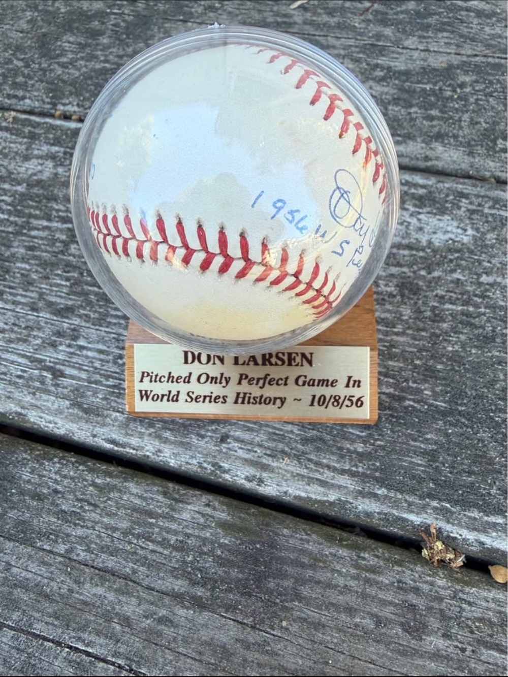 Autographed Don Larson White Baseball & Display with Wood Base